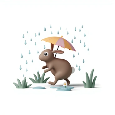 A small hare, with soft brown fur and large expressive eyes, is hopping through a gentle rain shower. It has a bright, colorful miniature umbrella, open and tilted slightly to one side, balancing on its head. The raindrops are falling around it, creating small splashes on the ground. The background features lush green grass, glistening with moisture from the rain, and a few delicate wildflowers peeking through. The atmosphere conveys a light, playful mood as the hare joyfully navigates through the shower.