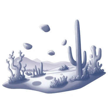 A landscape on an alien planet characterized by diverse, unusual plants with intricate shapes and textures. The plants have varying sizes, with some towering high and others remaining low to the ground. The foliage is depicted with complex patterns and organic forms. Suspended rocks float in mid-air, each with distinct shapes and sizes, casting shadows onto the ground below. The terrain is uneven, with hills and valleys creating a dynamic composition, while a distant horizon stretches into the background.