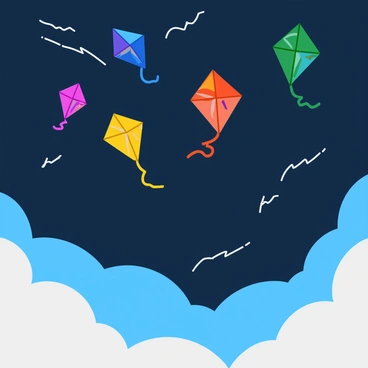 A group of colorful kites soaring high in the air, their tails fluttering in the wind. The kites display bright patterns and vibrant colors, contrasting against the dark and stormy skies. In the distance, flashes of lightning illuminate the clouds, adding a dramatic effect. The kites are positioned at varying heights, creating a sense of movement and freedom amidst the brewing storm.