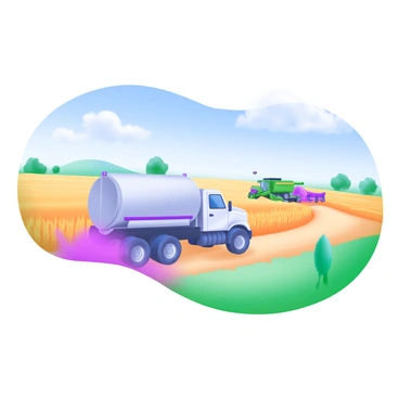 A fuel tanker truck with a silver body and a large fuel tank is driving along a dirt road. The truck is positioned in the foreground, showcasing its wheels kicking up a small cloud of dust. In the background, a vibrant field stretches out, filled with golden ripe crops ready for harvest. Farmers are visible in the distance, operating harvesting machinery, while a bright blue sky overhead is dotted with a few fluffy clouds. The scene conveys a sense of activity typical of a busy harvest season.