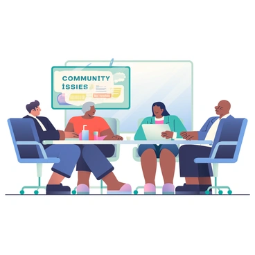 A group of five local leaders is gathered around a large rectangular conference table in a well-lit room within the Parliament. Each leader is seated on a modern ergonomic chair, facing each other as they engage in discussion. The leaders are from diverse backgrounds; one has dark brown hair and is wearing a navy blue suit, another has short gray hair and a light blue blazer, while a third leader has long black hair tied back and is dressed in a red dress. A digital screen on the wall displays "Community Issues Discussion" in bold letters. Various documents and laptops are scattered across the table, along with a glass pitcher of water and several glasses. A large window behind the leaders lets in natural light, illuminating the space.