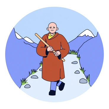A monk wearing a simple brown robe is walking along a narrow mountain path. The monk is holding a wooden staff in one hand. The path is lined with rocky terrain and sparse patches of grass. In the background, there are steep mountain slopes rising on either side of the path. The sky above is clear and blue. The monk's expression is calm and focused as he walks steadily forward.