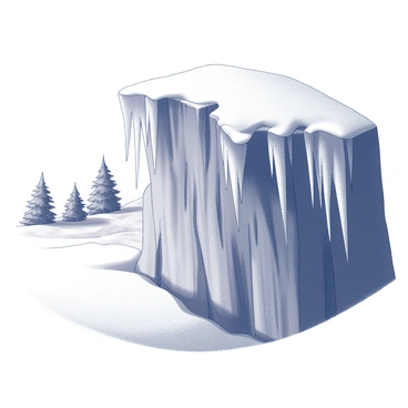 A cliff face with sharp, rugged edges is adorned with several icicles hanging down from its surface. The icicles vary in length and thickness, some appearing slender while others are broad and solid. The background features a wintry landscape, with a blanket of snow covering the ground and scattered evergreen trees. The sunlight casts soft shadows on the snow, creating contrast against the bright white. The scene captures the delicacy of the icicles as they catch and reflect light, appearing to glisten.