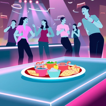 A single plate of assorted snacks, including brightly colored chips, dips, and finger foods, sits prominently on a sleek coffee table. The plate is untouched, creating a stark contrast against the vibrant atmosphere around it. In the background, a lively party is in full swing, with groups of people engaged in conversation, laughter, and music. The scene captures the essence of loneliness amidst the cheerful chaos, with soft lighting reflecting off the snacks, adding to the isolated feel of the plate in the foreground.