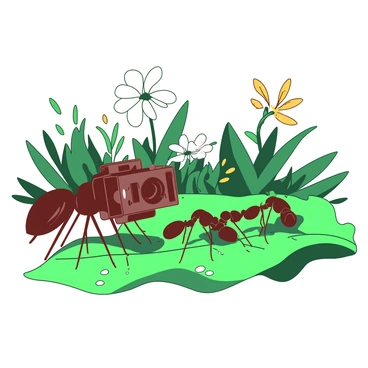 A tiny ant is holding a small camera in its front legs, focusing on a group of its fellow ants working together on a leaf. The ant is positioned on a vibrant green leaf, with a few drops of dew glistening in the sunlight. In the background, there are various plants and flowers, creating a lush environment. The camera has a small lens that reflects light, indicating that it is actively filming. The ant appears determined, portraying a sense of purpose in its documentary-making endeavor.