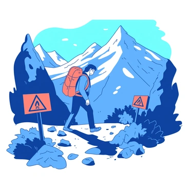 A hiker trekking through a rugged mountain trail, unbothered by warnings