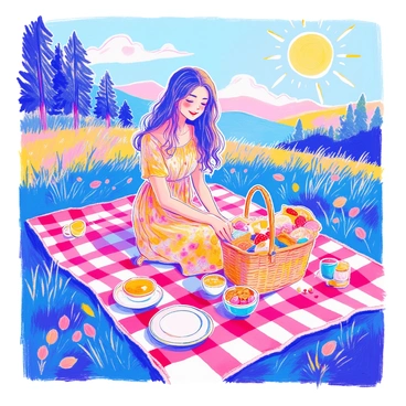 A woman wearing a cute summer dress with floral patterns is sitting on a checkered picnic blanket spread on a grassy hill. She has long, flowing hair and is smiling while looking at a picnic basket filled with an assortment of delicious snacks, including fruits, sandwiches, and pastries. Around her, there are colorful plates and cups, and a few small bowls of nuts and sweets are placed on the blanket. In the background, the sun is shining, and there are a few trees dotting the landscape.