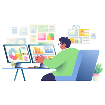 An office worker with short black hair and glasses is seated at a large desk. There are multiple computer screens in front of him, displaying various graphs and charts in bright colors. The desk is cluttered with paperwork, sticky notes, and a half-eaten sandwich. The worker has a look of concentration mixed with stress on his face, as he uses both hands to navigate through the screens. There is a cup of coffee to his right, and a potted plant sits on the corner of the desk, adding a touch of green to the chaotic scene. The background features a wall adorned with motivational posters and a clock showing the time.