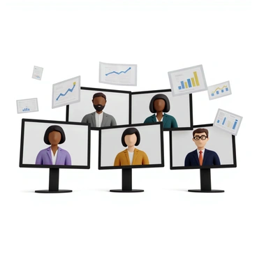 A diverse team of professionals engaged in a video conference, featuring individuals of various ethnic backgrounds. Each person is displayed on separate screens, presenting a virtual meeting environment. The team members are seen wearing business attire, with a mix of shirts and blouses in different colors. Floating between the screens are various digital documents, showcasing graphs, charts, and text, representing collaborative work. The setting conveys a sense of teamwork and communication, with the screens arranged in a way that suggests interaction among the team members.