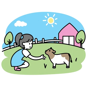 A little girl with pigtails, wearing a light blue dress, is crouching down on a green grassy field. She is gently petting a small brown and white calf, which is looking up at her with big eyes. In the background, there are a few wooden fences and a red barn under a clear blue sky with bright sunlight illuminating the scene. A couple of trees are scattered around, providing some shade. The atmosphere conveys a joyful interaction between the girl and the calf.