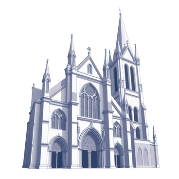 A Gothic cathedral towering in the foreground. The structure features a series of pointed arches that create an elaborate façade. The cathedral is adorned with sculpted gargoyles and ornate decorative elements that enhance its verticality. Intricate stained glass windows, though not depicted in color, are prominent, showcasing detailed designs. The spires rise dramatically into the sky, accentuating the height and grandeur of the architecture. A large entrance gate, featuring more pointed arches, leads into the interior of the cathedral.