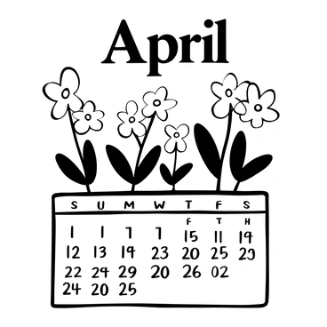A calendar page displaying the month of "April" at the top. Primroses with delicate petals are blooming prominently in the foreground, their shapes detailed and varied. There are several primroses in different stages of growth, some in full bloom while others are still budded. The background is filled with simple representations of leaves, complementing the flowers. The individual days of the month are neatly organized in a grid format below the floral illustration.