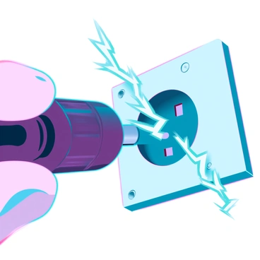 A close-up view of a hand gripping a standard electrical plug, with detailed textures visible on the plug's surface. The plug is being inserted into a white electrical outlet, and bright sparks of electricity can be seen jumping between the plug and the outlet. The background is slightly blurred to focus on the action, while the electrical outlet's design features visible screws and a glossy finish. The sparks emit a vivid blue and white light, illuminating the scene around them.