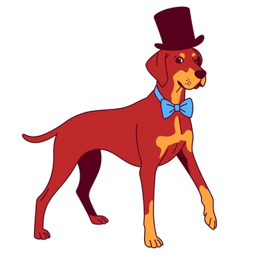 A red doberman is standing proudly, wearing a playful black top hat tilted slightly to one side. The dog has a vibrant blue bow tie around its neck, adding a charming touch to its appearance. Its ears are alert and pointed, and its shiny coat gleams under the light, showcasing the dog's muscular build. The doberman's expression conveys a sense of playfulness, ready to engage in fun activities.