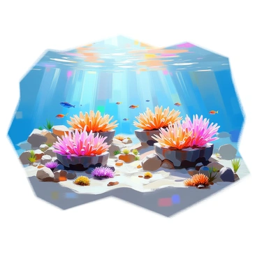 A coral nursery located in shallow waters is teeming with vibrant young corals of various shapes and colors. The nursery features several raised structures where the corals are growing, surrounded by clear blue water. Sunlight filters through the surface, creating shimmering patterns on the sand below. Small fish can be seen swimming among the corals, and there are patches of marine plants nearby that add to the underwater scenery. The scene captures the nurturing environment essential for the corals' growth.