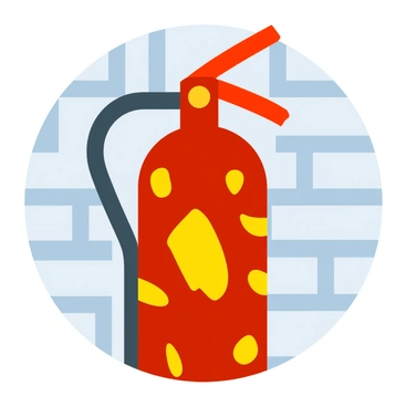 A wall painting depicting a creatively designed fire extinguisher with unique patterns and shapes, positioned against a textured wall background.