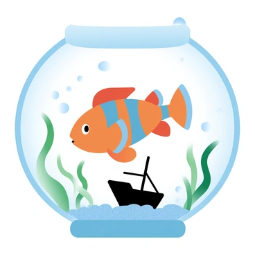 An angelfish with vibrant orange and blue stripes is swimming gracefully in a large, spherical fishbowl. The bowl is filled with clear water, and small bubbles rise to the surface. A miniature sunken ship decoration rests at the bottom of the fishbowl, surrounded by fine gravel. Green aquatic plants sway gently in the water, adding texture to the scene. Sunlight filters through the glass, creating soft reflections on the surface of the water.