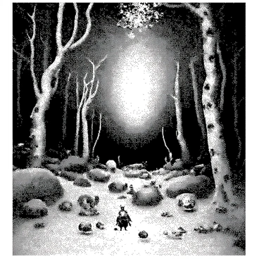 A magical forest scene is filled with tall, twisted trees that have intricate bark patterns. Various whimsical creatures are scattered throughout the landscape; some are small, with large expressive eyes, while others are larger with unique features such as elongated limbs or oversized ears. The ground is covered in a blanket of soft moss, and occasional flowers peek through, adding texture to the forest floor. In the background, the trees create an arching canopy, filtering light in a way that suggests enchanted shadows and hidden paths.