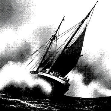 A large ship is battling through enormous waves in a tumultuous sea. The ship is tilting at an angle as it attempts to stay afloat amidst the towering, white-capped waves. The waves are crashing against the hull with great force, sending sprays of water into the air. The sky is overcast with dark clouds, and the wind is whipping through the scene. The ship's sails are fully extended, straining against the powerful gusts as it navigates the treacherous waters. In the background, the monstrous waves rise dramatically, creating a chaotic and dynamic atmosphere.