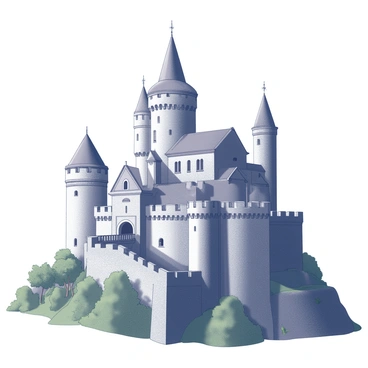 A grand medieval castle perched atop a steep hill. The castle features tall stone towers with conical roofs, surrounded by fortified walls that include battlements. A large entrance gate with a drawbridge spans a narrow moat at the base of the hill. Lush greenery surrounds the base, and trees can be seen dotting the landscape. The sky above is clear, enhancing the majestic appearance of the castle against the hill. The scene is composed to fit within a 9x12 illustration board format.