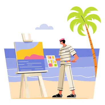 An artist stands beside an easel set up on a sandy beach near the sea. The easel holds a canvas depicting vibrant colors of the Riviera, showcasing deep blues of the ocean and bright yellows and oranges of the sunset. The artist, wearing a striped shirt and a beret, uses a palette with various paint colors, including pinks and greens. Palm trees sway gently in the background, and a few fluffy white clouds float in the blue sky above. The waves lap at the shore, reflecting the hues from the artist's painting.
