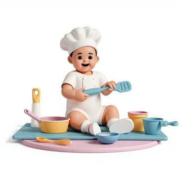 A baby, wearing a white chef's hat and a matching tiny chef's outfit, is sitting on a colorful play mat. The baby is surrounded by various plastic kitchen utensils, including a brightly colored whisk, a small frying pan, and measuring cups. The baby is smiling and reaching out to grab a blue spatula, with their chubby hands grasping it tightly. The scene is filled with vibrant colors, enhancing the playful atmosphere of the kitchen setting.