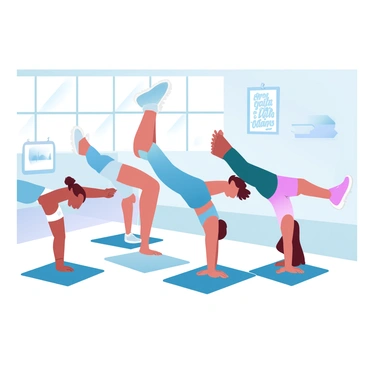 A group of teenagers is performing leg raises on exercise mats in a gymnasium. There are four teenagers, two boys and two girls, all dressed in athletic wear. The boys are wearing t-shirts and shorts, while the girls are in tank tops and leggings. One girl is demonstrating the exercise, lifting her legs high, while the others follow her lead. The gym has large windows letting in natural light, and gym equipment is visible in the background. A motivational poster is hanging on the wall, adding to the energetic atmosphere of the class.