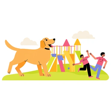 A golden retriever playing with children on a colorful playground