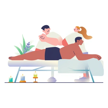 An athlete with short black hair is lying on a massage table, relaxed and enjoying an aromatherapy sports massage. The table is covered with a soft white towel, and the athlete is wearing black shorts. Surrounding the table are several scented candles in varying heights, each emitting a gentle glow. The candles are placed on small wooden stands, and the scents of lavender and eucalyptus are indicated by the colors of the candle wax. The therapist, with long brown hair tied back, is kneading the athlete's shoulders with focused attention. The atmosphere is soft and inviting, with a hint of greenery in the background, such as a potted plant adding a touch of nature to the scene.