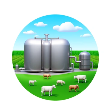 A biogas plant with large, cylindrical digesters made of shiny metal. The facility is surrounded by fields of lush green grass, with rows of crops visible in the distance. Nearby, there are several livestock, including cows and sheep grazing peacefully. The sky above is clear with a few fluffy clouds, creating a bright and open atmosphere. The biogas plant features pipes and equipment that are essential for the energy production process.
