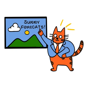 A cute tabby cat with orange stripes is dressed in a small blue blazer and a tiny necktie, standing on its hind legs. The cat is pointing with one paw to a large screen displaying a bright sun and the words "Sunny Forecast" in bold text. The scene is colorful, with a weather map in the background featuring fluffy clouds and bright sunshine. The cat has big eyes, appearing confident and professional as it delivers the weather report.