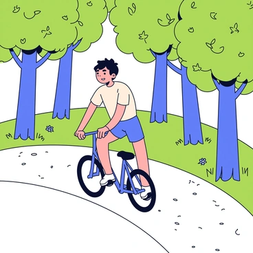 Ayanokoji is riding a blue bicycle along a path surrounded by tall, green trees with thick trunks. The path is slightly curved and covered with small pebbles. Sunlight filters through the leaves, casting dappled shadows on the ground. Ayanokoji is wearing a casual outfit, with a light-colored t-shirt and shorts. His hair is styled in a neat manner, and he has a focused expression as he pedals. In the background, there are small patches of grass and a few scattered wildflowers.