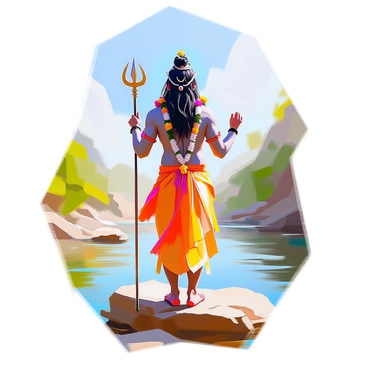 A depiction of "Lord Shiva" with a serene expression, standing tall by the banks of the "Ganges River." He is holding his "trident" confidently in one hand, showcasing his divine strength. His attire consists of a simple, flowing garment that drapes elegantly around him. Long, matted hair cascades down his shoulders, adorned with "garlands of flowers" and a crescent moon on his head. The river flows gently in the background, surrounded by lush greenery and a clear blue sky. The scene captures a moment of tranquility and reverence.