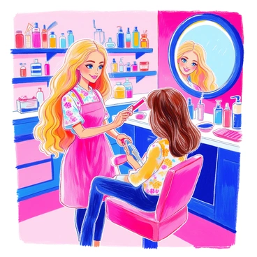A Barbie doll with long blonde hair is standing in a hair salon. She is wearing a stylish outfit consisting of a pink apron over a floral blouse. In front of her, a client with shoulder-length brown hair is seated in a salon chair, looking in a mirror. Barbie is using a curling iron to style the client's hair. The salon is decorated with shelves filled with a variety of colorful hair products including bottles of shampoo, conditioner, and styling gel. There are also combs and brushes on the counter, along with a large round mirror reflecting the scene.