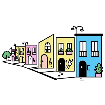 A charming street lined with colorful townhouses. Each townhouse has unique architectural features, such as ornate doorways, decorative balconies, and varied window shapes. The houses are painted in vibrant colors, including bright blues, yellows, and pinks. Lush greenery, such as small potted plants and hanging flowers, adorns the entryways. The street is paved with cobblestones, and there are small lampposts casting soft light along the path.