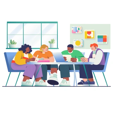 A group of six students in a multicultural classroom is wearing AI-powered translation earbuds. The students include a girl with curly black hair and brown skin, a boy with straight brown hair and light skin, a girl with straight black hair and tan skin, a boy with wavy blonde hair and fair skin, a girl with red hair and freckles, and a boy with short dark hair and medium skin. They are seated at a round table covered with textbooks and notebooks. Each student is engaged in a discussion, with some of them using laptops. The classroom has colorful posters on the walls representing different cultures and languages. Large windows allow natural light to fill the room, and there are potted plants placed around the classroom.
