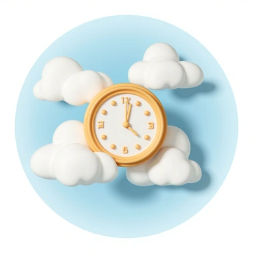 A dreamy clock face floating among fluffy clouds in a bright sky
