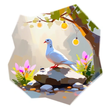 A white dove perched on a moss-covered rock, its feathers shimmering under the soft glow of twinkling fairy lights hanging from the branches above. Beside the rock, a small ant is making its way over tiny pebbles, its antennae twitching as it navigates the enchanting scene. The grove is filled with lush greenery, speckled with colorful flowers and soft ferns. Delicate beams of light filter through the leaves, creating a magical atmosphere around the dove and the ant.