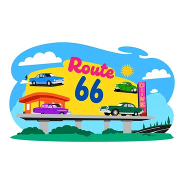 A large vintage billboard showcasing a "Route 66" attraction from the 1950s. The billboard features bright colors and retro fonts, prominently displaying the words "Route 66" in bold, stylized lettering. Surrounding the text are illustrations of classic cars, a diner with a neon sign, and a nostalgic depiction of a scenic highway stretching into the horizon. The sky in the background is a vivid blue with fluffy white clouds, adding to the cheerful atmosphere of the scene. The edges of the billboard are slightly weathered, enhancing its vintage appeal.