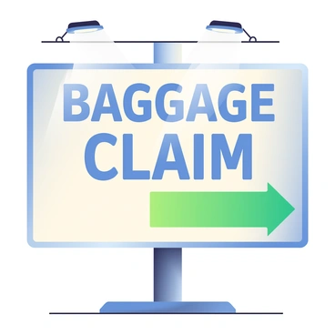 An airport terminal sign with an arrow pointing to the baggage claim area