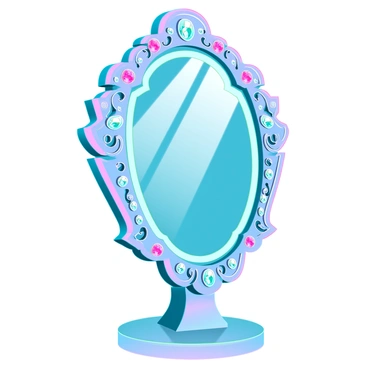 An ornate mirror with an intricately designed frame, lavishly encrusted in a variety of dazzling jewels, including sparkling emeralds, rubies, and sapphires. The surface of the mirror reflects ambient light, creating shimmering patterns across the room. The jewels catch the light, producing a radiant display of colors. The frame is elaborately carved with intricate floral motifs and swirling patterns that enhance its opulence. The mirror stands on an elegant pedestal, surrounded by a soft glow that emphasizes its luxurious features.