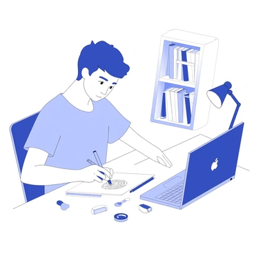 A student is sitting at a desk with a notebook open in front of them. They are holding a pencil, focused intently on sketching a character design. The student's laptop, displaying an online class interface, is positioned to their right. Various art supplies, such as erasers and colored pencils, are scattered across the desk. A desk lamp illuminates the workspace, casting soft shadows. The student's posture conveys concentration, with their brow slightly furrowed as they draw. The background shows a bookshelf filled with art books and supplies stacked neatly.