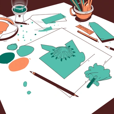 A teal mandap design sketch is positioned prominently on a white designer's table. Surrounding the sketch are various color swatches, showcasing shades of teal and orange. Decoration ideas are arranged neatly beside the sketch, including small samples of fabric and intricate patterns. The table is cluttered with tools such as pencils and rulers, adding to the creative atmosphere.