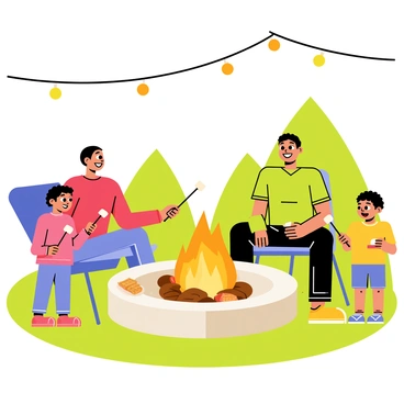 A family of four is gathered around a circular fire pit in their backyard. The fire pit has a warm, orange flame flickering in the center. The mother, wearing a red sweater, is carefully holding a skewer with a white marshmallow over the fire. The father, in a green shirt, is sitting on a blue lawn chair with a relaxed smile. Two children, a boy and a girl, are excitedly watching the marshmallows toast. The girl, wearing a pink jacket, is holding her own skewer. The boy, in a yellow t-shirt, has a small plate of graham crackers and chocolate beside him. The background features a lush green lawn and a few trees, with twinkling fairy lights strung overhead.