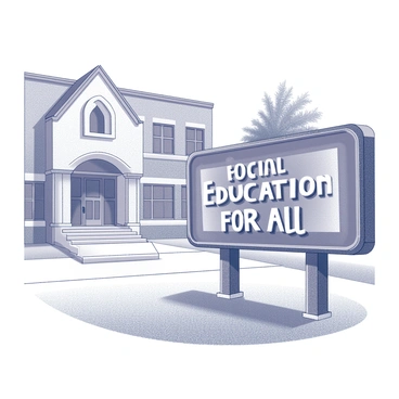 A vintage-style sign positioned outside a school building. The sign is rectangular with ornate edges and has a distressed texture, suggesting age. It prominently features the text "Equal Education for All" in a bold, serif font. The school building behind the sign has large, arched windows and a classic entrance with a wide staircase leading up to the doors. The setting includes a well-maintained lawn with a few trees providing shade, enhancing the educational atmosphere of the scene.
