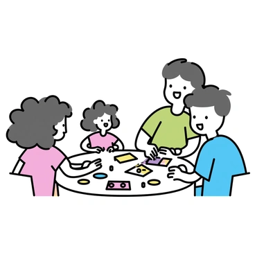 A family gathered around a wooden round table, playing board games. A round parent, wearing a green shirt, is laughing joyfully. Two children are seated at the table; one is a girl with curly hair wearing a pink dress, while the other is a boy with short hair dressed in a blue t-shirt. Various colorful board games and game pieces are spread out on the table, creating a lively and engaging atmosphere. The room is warmly lit, adding a cozy feel to the scene.