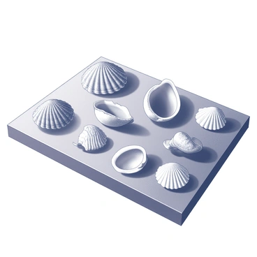 A wooden table is presented with an array of unique scallop shells displayed on its surface. The shells vary in size and shape, some are opened to reveal their inner textures while others remain closed. Each shell exhibits distinct patterns and surfaces, showcasing intricate details. The table is well-worn, with visible grain and texture, providing a contrasting backdrop to the smoothness of the shells. A subtle light casts shadows on the table, enhancing the visual interest of the display.