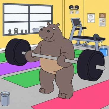 A strong hippopotamus with a muscular build is lifting a large barbell in a colorful gym setting. The hippopotamus has a determined expression on its face, with its ears perked up. The gym is filled with various exercise equipment, including dumbbells, a bench press, and a treadmill. Brightly colored mats cover the floor, and there are posters of fitness tips on the walls. Nearby, a small water fountain is visible, adding a fun element to the scene. 