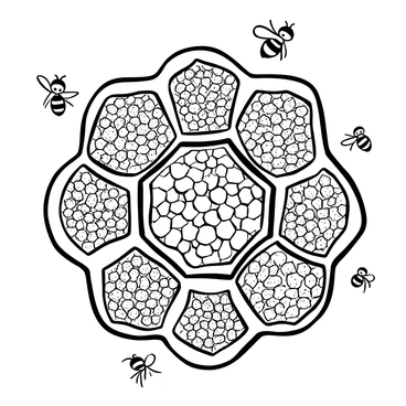 An intricate pattern formed by hexagonal honeycombs, detailed with fine lines and shapes. Each honeycomb cell is filled with textured representations of honey, showcasing the glossy surface. The pattern weaves together seamlessly, creating a dynamic sense of flow. Small bees are depicted flying around, emphasizing the connection to the honeycombs. The overall composition is balanced, with the honeycombs arranged in a harmonious design.