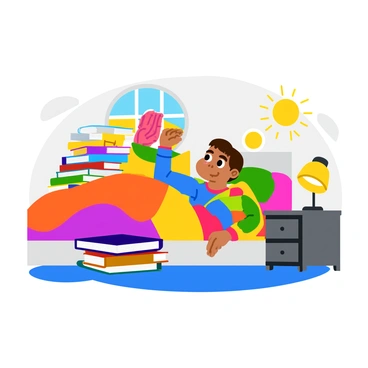 A child sitting up in bed with bright, expressive eyes, wearing colorful pajamas. The bed is covered with a patchwork quilt in vibrant colors. Surrounding the child is a mountain of books in various sizes and colors, some stacked high and others open, displaying colorful illustrations. A small nightstand next to the bed holds a glowing lamp, casting a warm light over the scene. Sunlight streams in through a window, illuminating the child's eager expression as they reach for a book with a big smile.